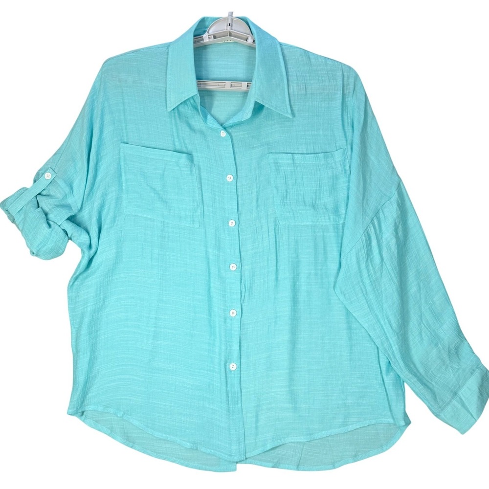 Anna-Kaci Blouse Roll Up Tab Shirt Womens XL Relaxed Fit Pocket Front Top Aqua